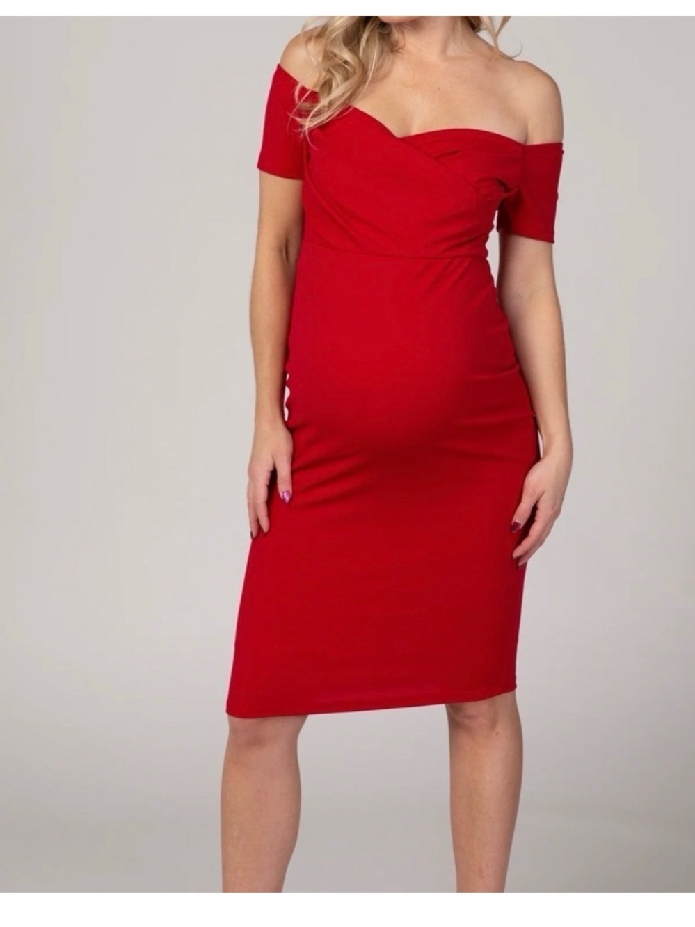 Pinkblush Maternity Women’s Off-Shoulder Red Midi Dress